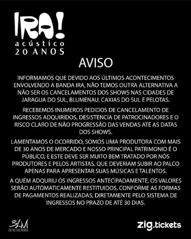 banda Ira! tem shows cancelados após expulsar fãs da direita banda-ira!-tem-shows-cancelados-apos-expulsar-fas-da-direita