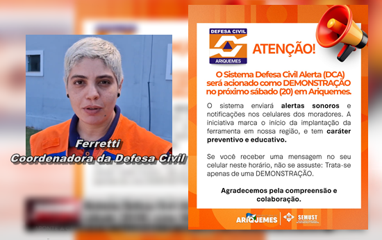 Sistema Defesa Civil Alerta (DCA) será acionado neste sábado 20/09 como demonstração em Ariquemes sistema-defesa-civil-alerta-(dca)-sera-acionado-neste-sabado-20/09-como-demonstracao-em-ariquemes