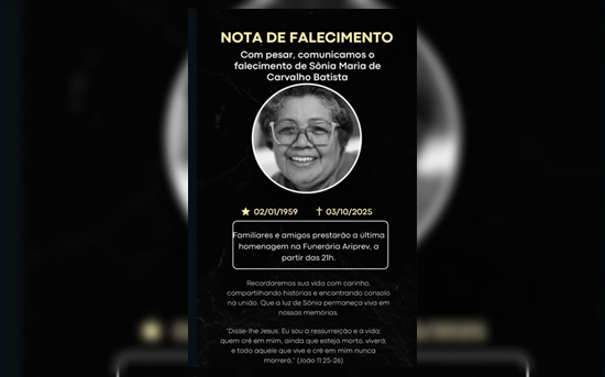 Nota pesar pelo falecimento da Sra. Sônia Maria de Carvalho Batista Pioneira de Ariquemes RO nota-pesar-pelo-falecimento-da-sra.-sonia-maria-de-carvalho-batista-pioneira-de-ariquemes-ro